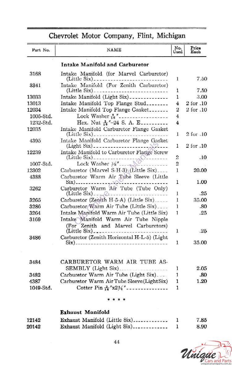 1912 Chevrolet Light and Little Six Parts Price List Page 30